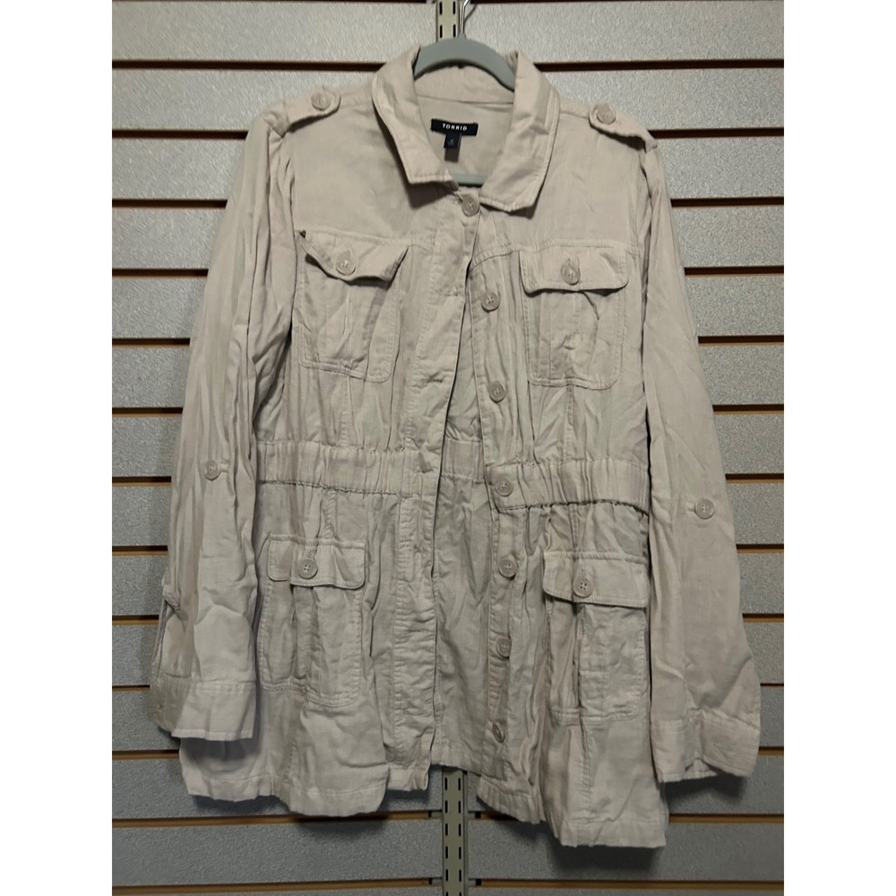 Torrid Womens Tan Khaki Cotton Rayon Utility Field Jacket Cinched Waist Size 0 L
